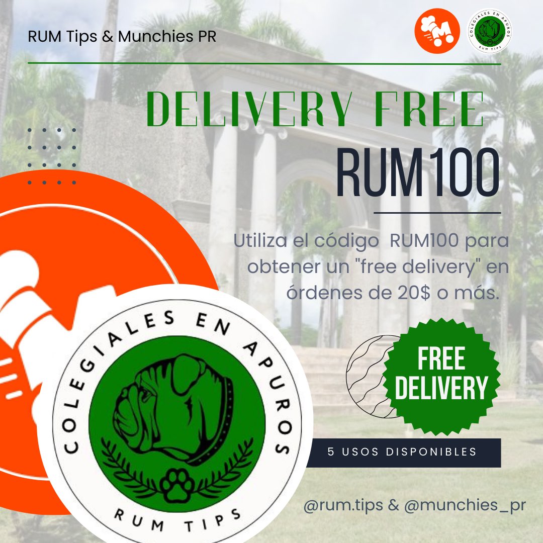 ¡Nuevo semestre quiere decir más Munchies! No comiences el semestre lleno de hambre y antojitos recuerda que <a href="/munchies_pr/">Munchies PR 📲🟠</a> y <a href="/rum_tips/">Colegiales en Apuro</a> te traen el “free delivery” utilizando el código RUM100. (5 USOS DISPONIBLES)