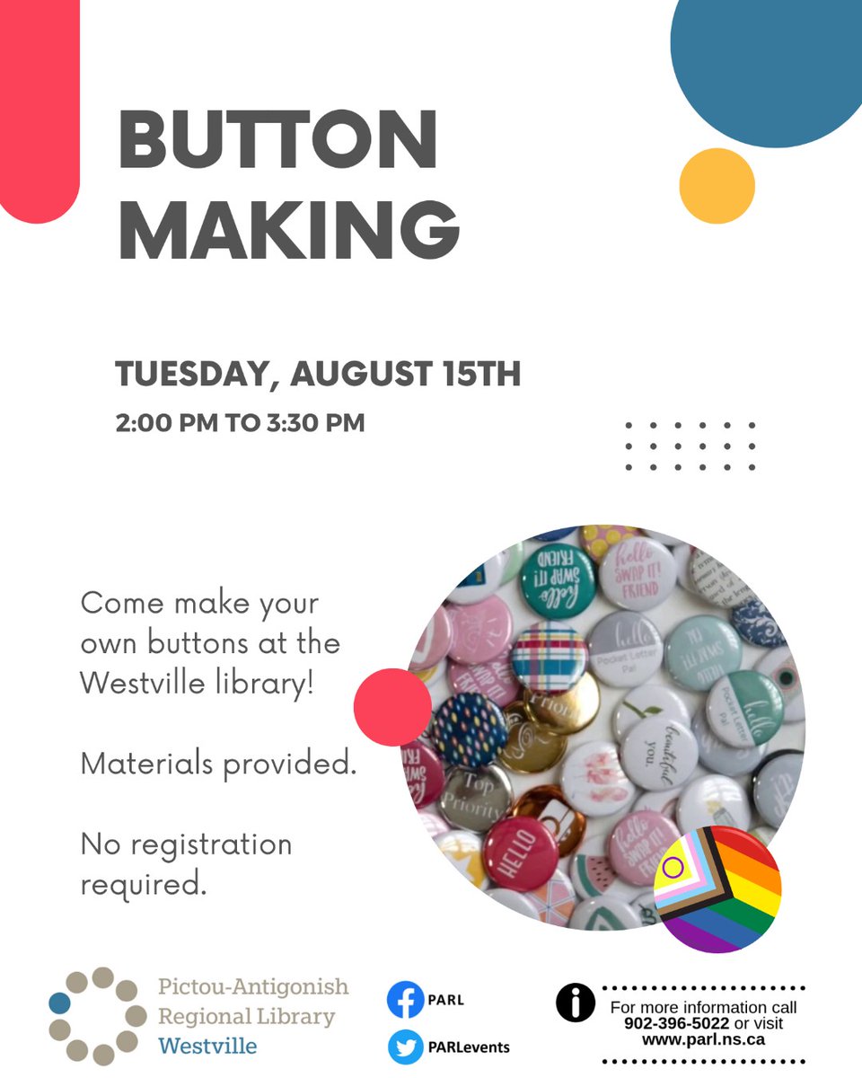 Button Making!

drop by and join us!
Tuesday, August 15th from 2pm to 3:30pm, at #Westville Library!

All welcome !