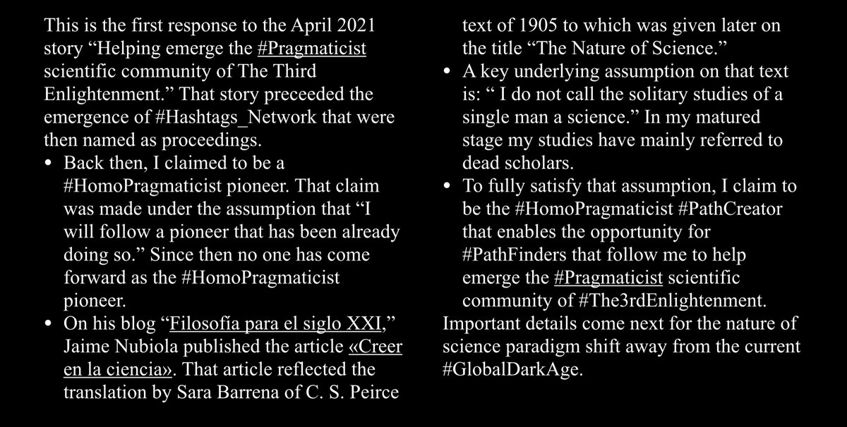 gmh_upsa's tweet photo. @Davoh @CSPeirceSpeaks @PIEROFORMICA1 @MortenTHansen @gmaddal3 @frankkumli @LinkedIn This tweets thread has enabled “On the #HomoPragmaticist #PathCreator ( https://t.co/hXTvClokuP )” as the first response to the story “Helping emerge the #Pragmaticist scientific community of #The3rdEnlightenment.” https://t.co/OOtHo8Wx7L