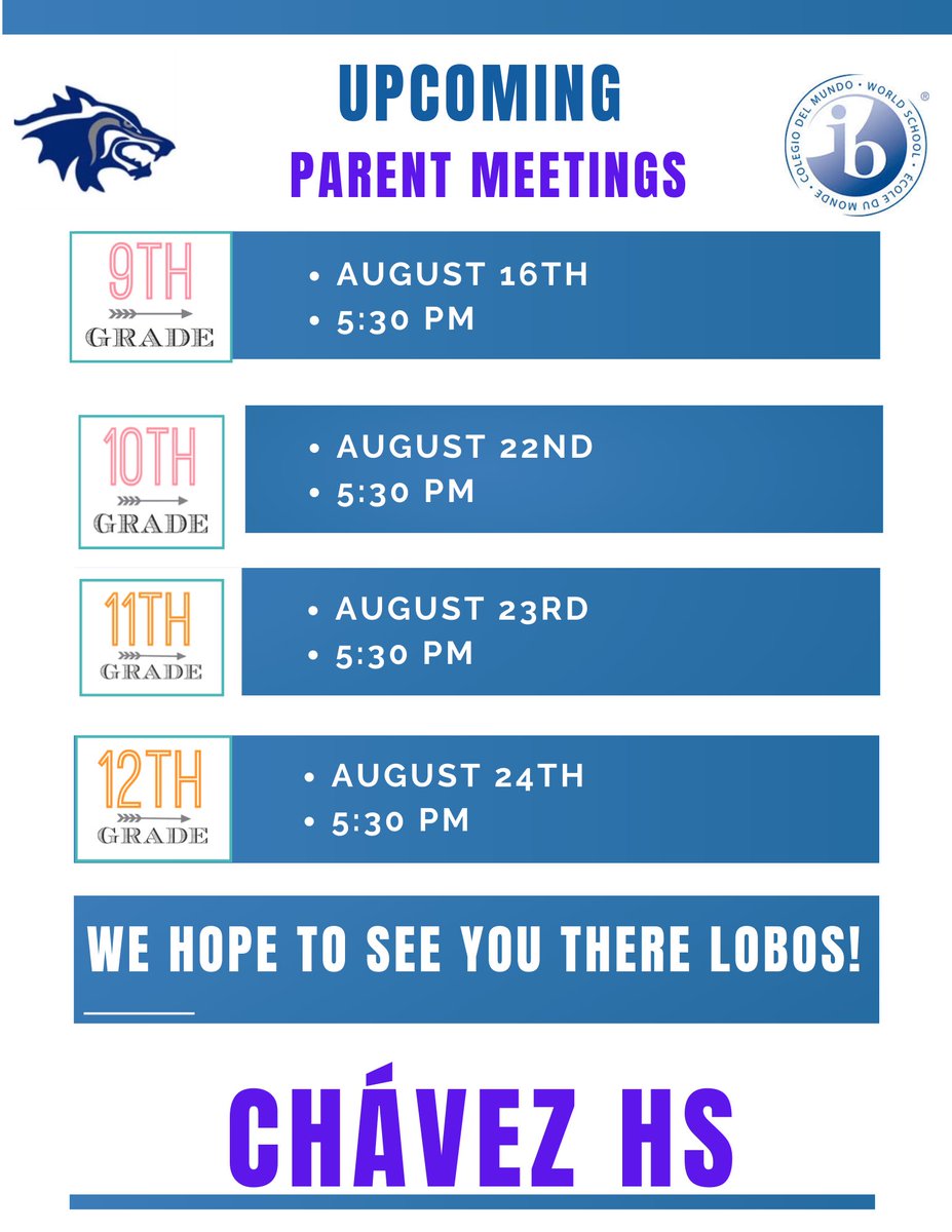 Parents, mark your calendars 🗓️ to join us for our grade level parent meetings! 
#LearnTheChavezWay
#LoboParents
