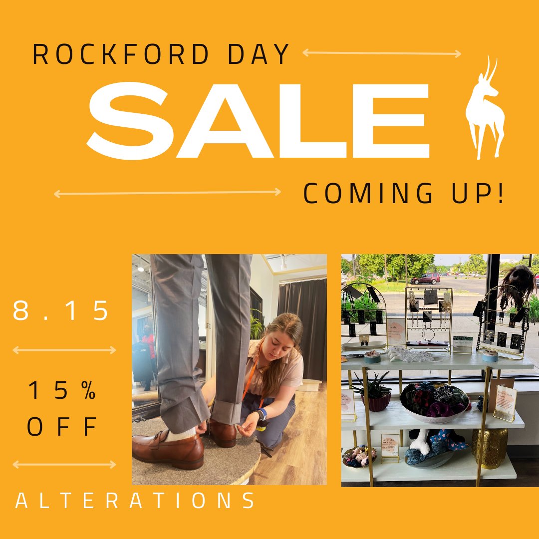 Join us in ONE WEEK for Rockford Day, August 15th! 15% off all alterations (excluding bridal) and we will even be giving away some free goodies to those who stop by the store! #rockfordday2023 #815day2023 #tailoring #alterations #rockfordillinois #ethicalfashion