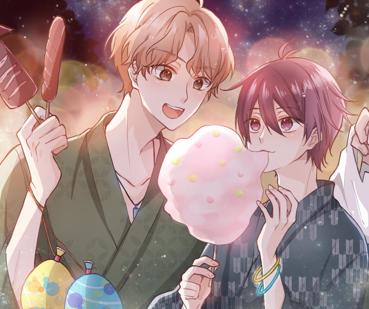 multiple boys 2boys cotton candy male focus japanese clothes food kimono  illustration images