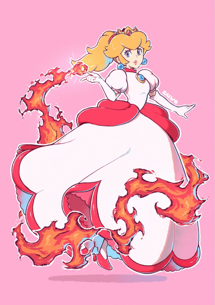princess peach 1girl dress blonde hair solo gloves fire crown  illustration images