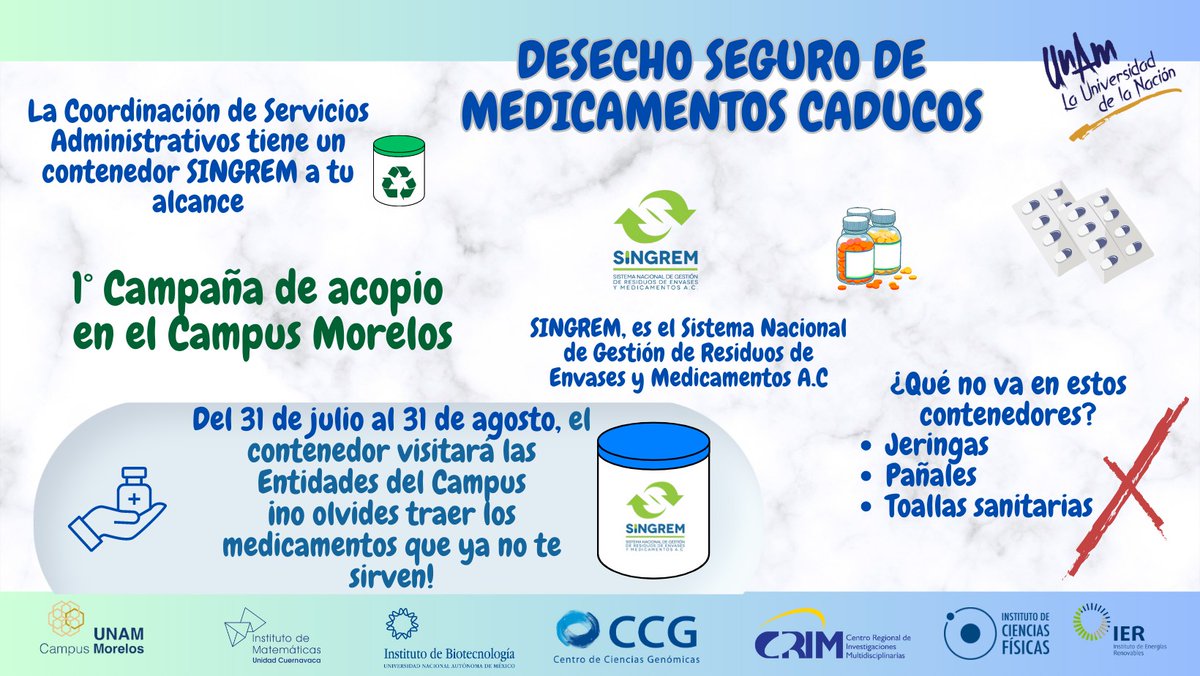 crim_unam's tweet photo. 📣ATENCIÓN COMUNIDAD #CrimUnam
Ya se encuentra en nuestras instalaciones el contenedor de la 💊1a. Campaña de recolección de medicamentos caducos.
Trae tus los #medicamentos caducos y frascos vacíos, frente al área de cómputo.
📅Del 07 al 10 de agosto.
#UNAMMorelos https://t.co/O4G51rge1H