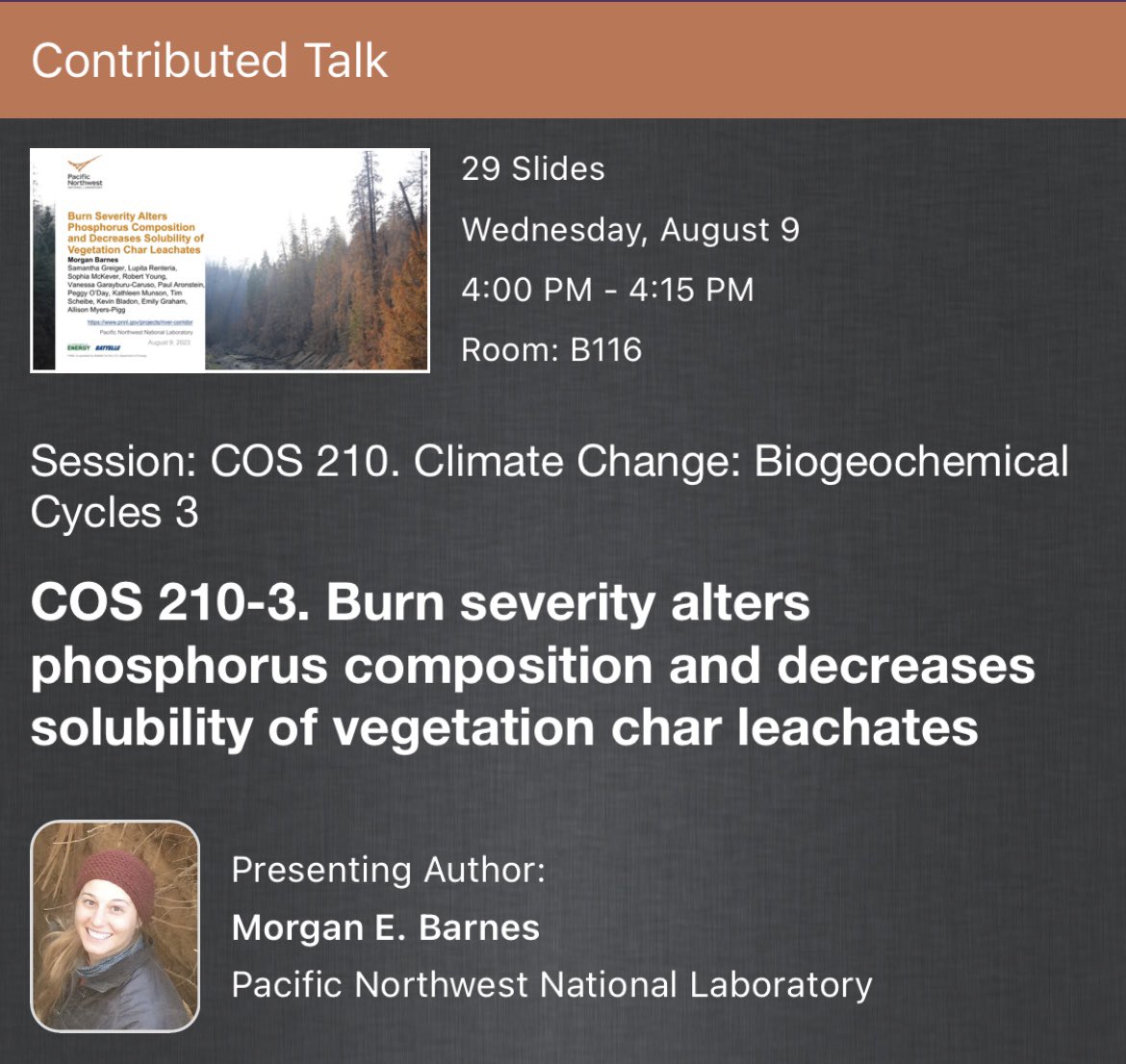 Are you at #ESA2023 and interested in #phosphorus and #wildfire? If so, then come check out my talk Wednesday, 4:00, room B116! #doe #PNNLSBRSFA