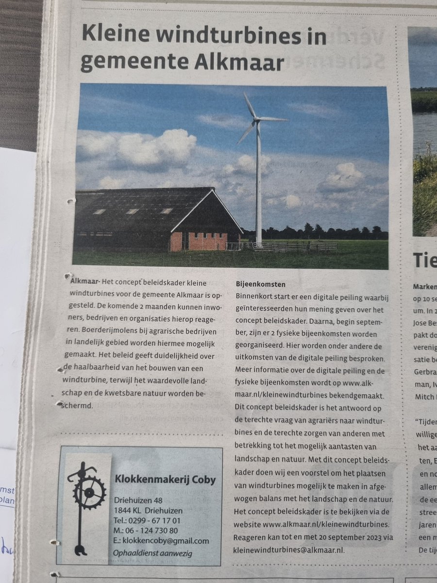 Komt ras dichterbij, Schagen, Koggenland, Alkmaar en binnenkort in het buitengebied (Beemster) gemeente Purmerend. Kleine windmolen max. 15 meter ashoogte!