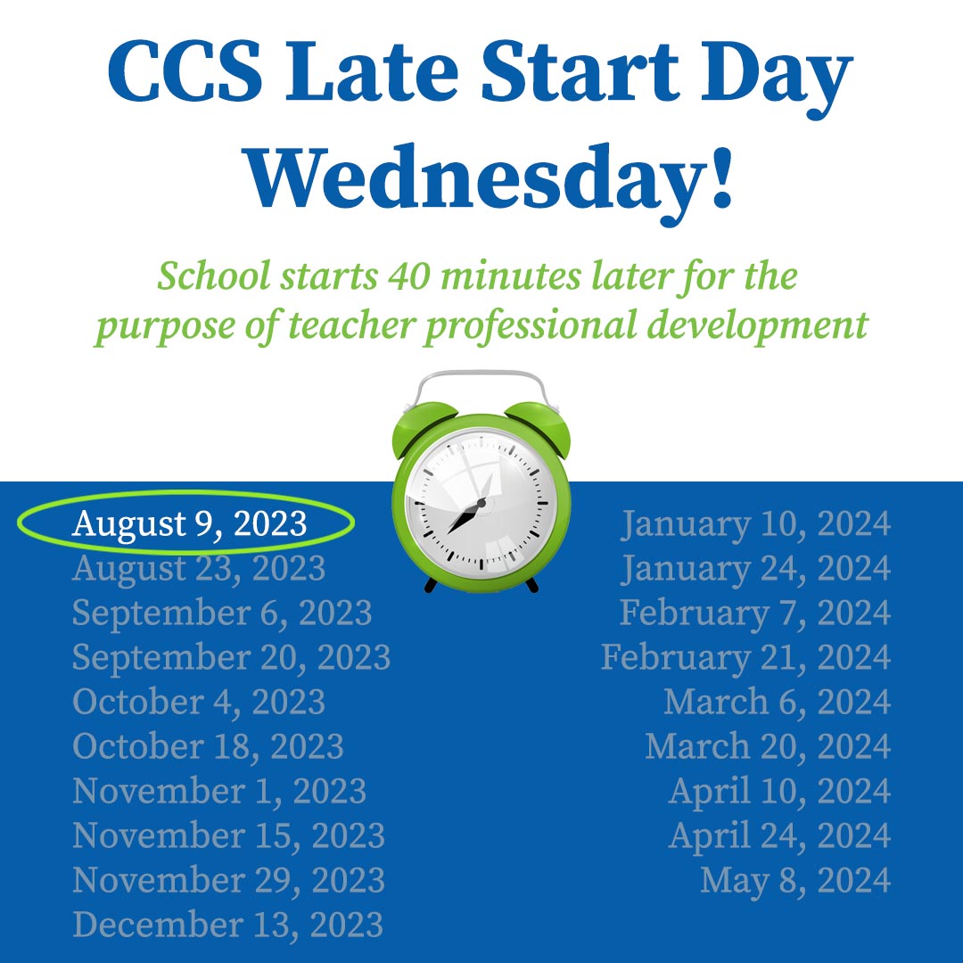 Tomorrow is the first Late Start Wednesday! School starts at 8:20am.    Bus pick ups and carpool start 40 minutes later.