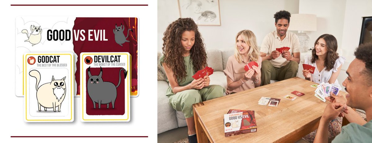 Tryazon's tweet photo. New Rules. New Kittens. NEW MAYHEM. @gameofkittens is bringing you the most high-stakes version yet! Introducing Exploding Kittens: Good vs. Evil! Bonus game Poetry for Neanderthals will also be       included. Apply now to host: https://t.co/2lIz5KKcme #explodingkittens #tryazon https://t.co/gcloR4l2nS