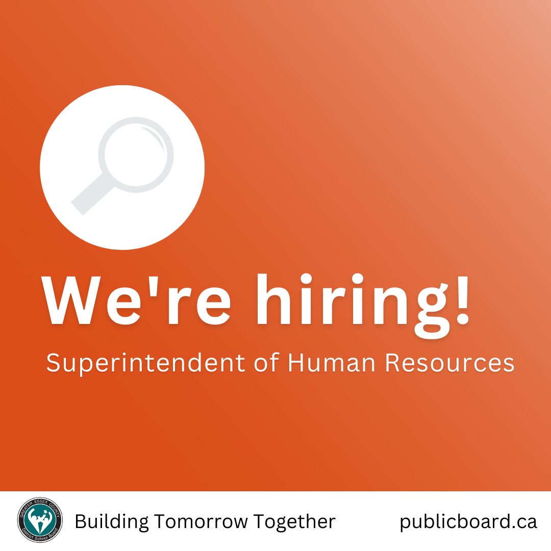 The Greater Essex County District School Board invites applications for the position of Superintendent of Human Resources. Please click here for more information on how to apply: bit.ly/3YtF07S