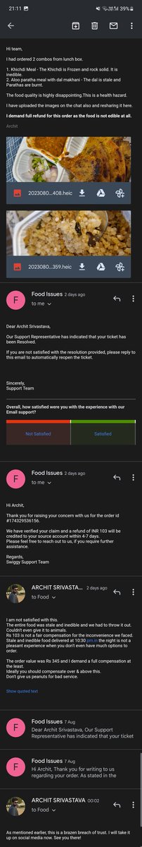 Srivastava_Arch's tweet photo. @swiggyindia
I had ordered 2 combos from Lunch box in HSR Layout, Bengaluru (order id:  #174329536156

The food quality is highly disappointing, nearing to a health hazard.

And what does Swiggy do, Just refund 30% of the amount like we are begging for it.

Absolutely pathetic https://t.co/b7ELHkmuMo