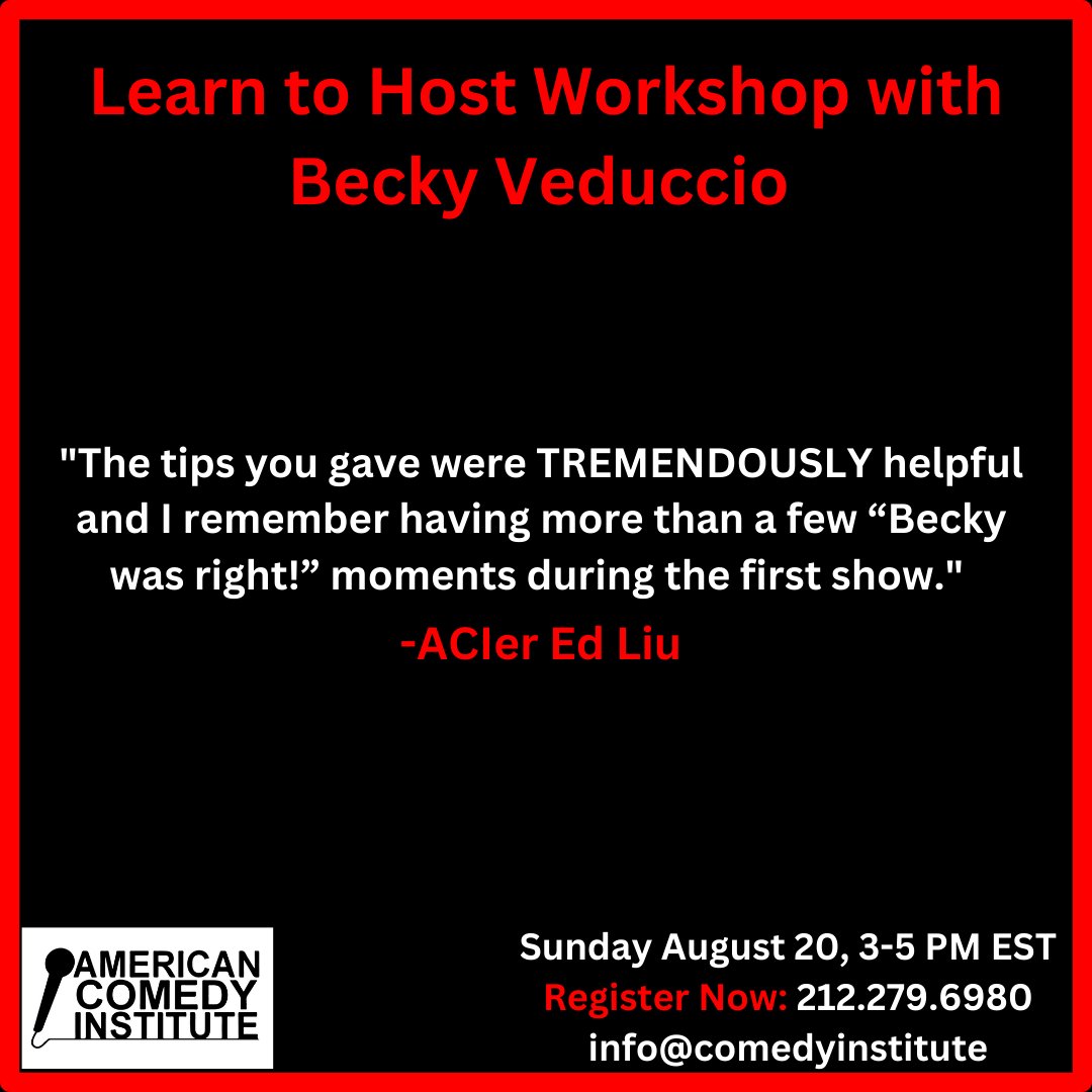 Our one-time virtual workshop, “ Learn to Host with Becky Veduccio,” is just a few weeks away! 

Register now at info@comedyinstitute.com or visit americancomedyinstitute.com Link in bio ✨✨

#acicomedy #americancomedyinstitute #learntohost #virtualworkshop #beckyveduccio