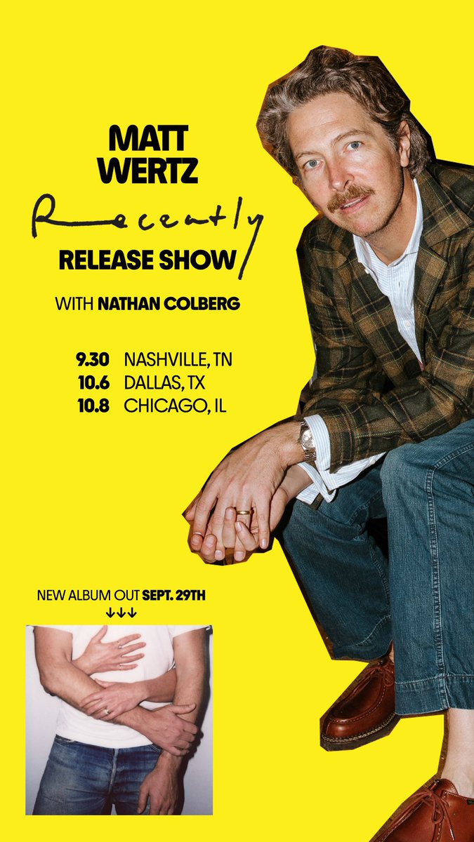 I’m hittin the road, baby! 🎤💛

Im playing THREE VERY SPECIAL full-band shows in Nashville, Dallas, &amp; Chicago celebrating the release of my new album Recently, as well as honoring the 20th Anniversary of my album Twenty Three Places. 

TIX ONSALE FRIDAY @ MATTWERTZ.COM