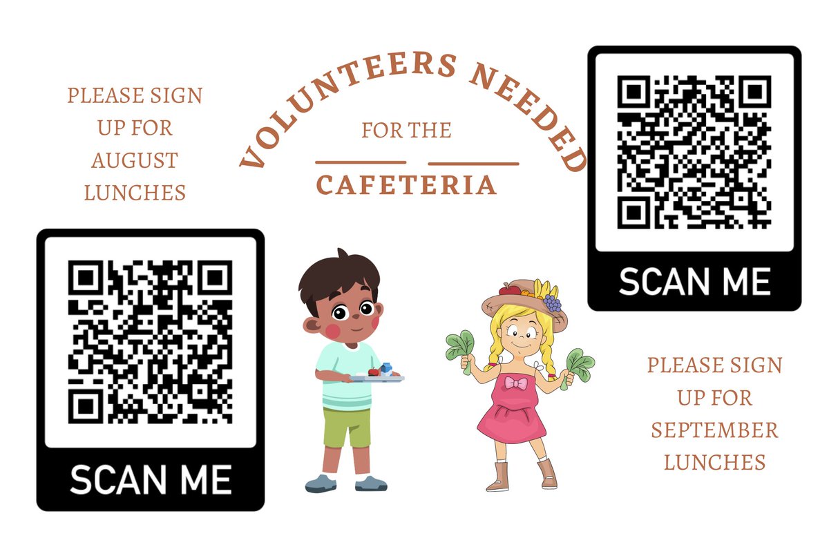 stannschool's tweet photo. We are in need of volunteers for next week to help us kick off serving lunch to our kids.  Please sign up if you can. Remember, without volunteers, we cannot have lunch orders. Thanks!
CLICK HERE FOR AUGUST
https://t.co/bjz3TDB5A9
CLICK HERE FOR SEPTEMBER
https://t.co/Z8UwIpv1js https://t.co/xSSgcln9U6