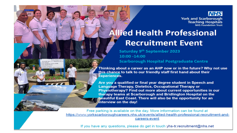 YSTeachingNHS_AHPs (@ys_ahps) on Twitter photo Are you a qualified Physio/OT/ Dietitian or SLT or a student in your final year? 
We are recruiting!! - Come join us - interviews on the day too take a look 👇👇👇👇 Are you a qualified Physio/OT/ Dietitian or SLT or a student in your final year? 
We are recruiting!! - Come join us - interviews on the day too take a look 👇👇👇👇