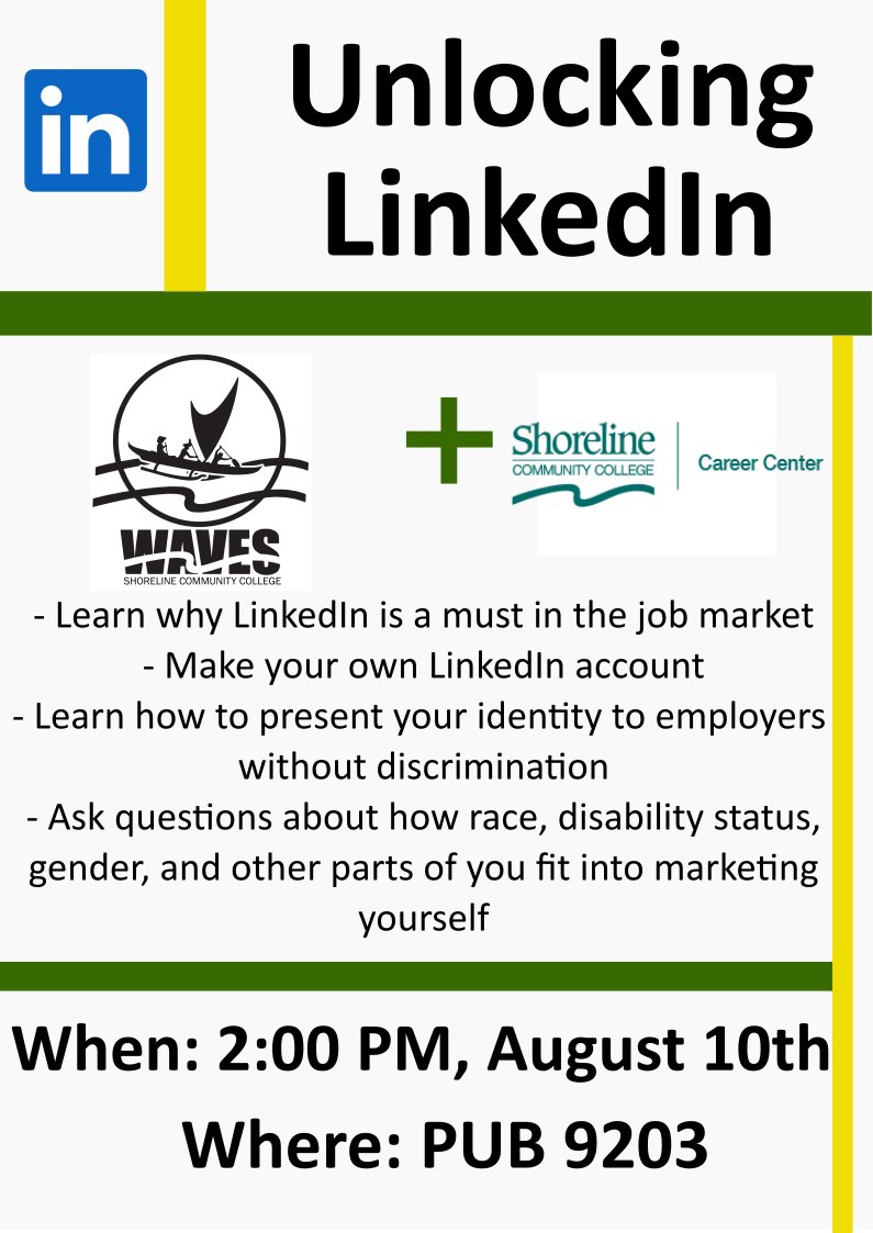 Join us at our Unlocking LinkedIn workshop this Thurs, Aug 10 at 2pm in PUB 9203! Come learn why it's important to have a LinkedIn profile for your career development and other personal aspects to consider such as navigating disclosure of your cultural identities. See you then!
