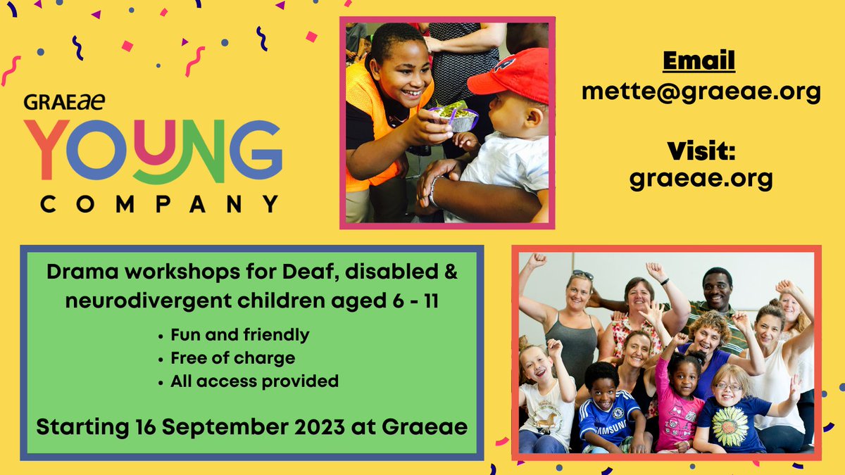 From 16 Sept, we're running drama workshops for Deaf, disabled & neurodivergent children aged 6 - 11 @graeae, London. 👉It's free of charge & all access provided! If you know anyone who might be interested please get in touch with mette@graeae.org. More details on our website!