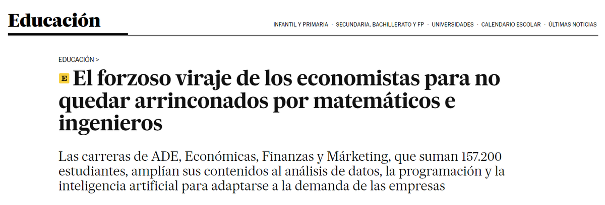 Justo lo contrario a lo que se ha hecho en Secundaria, asociando #Economía a emprendimiento. ¿Abrimos ya el melón de que Economía en #Bachillerato debería ir también en Ciencias y dejamos fuera de la Economía a los vendehúmos, las chorradas de coaching y la psicología Hacendado?