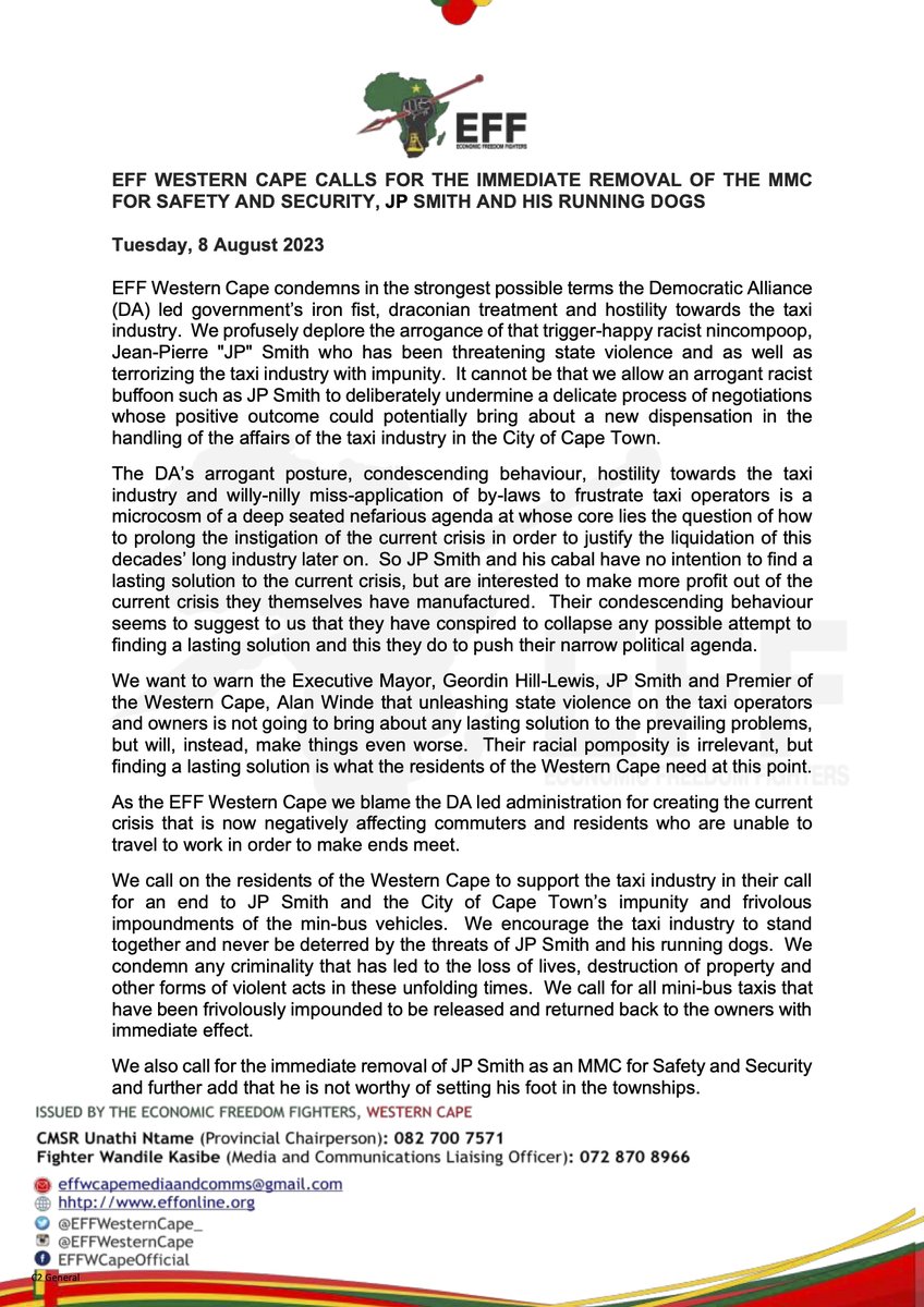 EFFWesternCape_'s tweet photo. 📚Statement📚

EFF Western Cape calls for the Immediate Removal of the @CityofCT Member of the Mayoral Committee (MMC) for Safety and Security , Jean-Pierre "JP" Smith and his running dogs.  

#JPSmithMustGO
#TaxiStrike https://t.co/KMkFRwHF5J