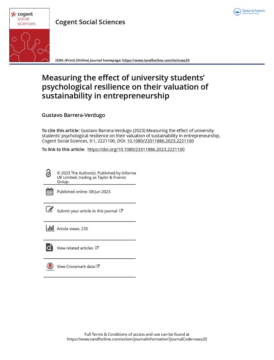 UDLAInvestiga's tweet photo. 🔴[NUEVO PAPER]🔴
Académico @UDLA_CL estudia efecto en universitarios de la #ResilienciaPsicológica en la valoración de emprendimientos sostenibles desde una perspectiva ambiental y social, midiendo el efecto moderador de la cohorte de edad y el género.
https://t.co/wOAj20jtuE https://t.co/4diUPPshCl