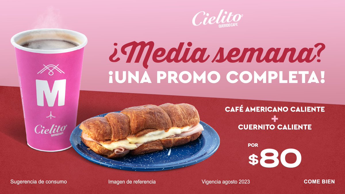 CielitoQuerido's tweet photo. Ánimo, ya casi se acaba la semana. Y para celebrarlo ven por esta #PromoCielito, ¿estás listo para apapacharte? 🤩
#Café #Coffee #Cuernito https://t.co/9jhXy8K3r1