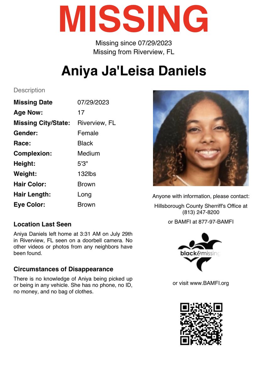 BAM_FI's tweet photo. Riverview, FL: 17y/o Aniya Daniels last seen leaving home on a doorbell camera at 3:31 AM on July 29. No other videos or photos from any neighbors have been found.  She has no phone, no ID, no money, and no bag of clothes. #HelpUsFindUs https://t.co/2b2OOwclDH