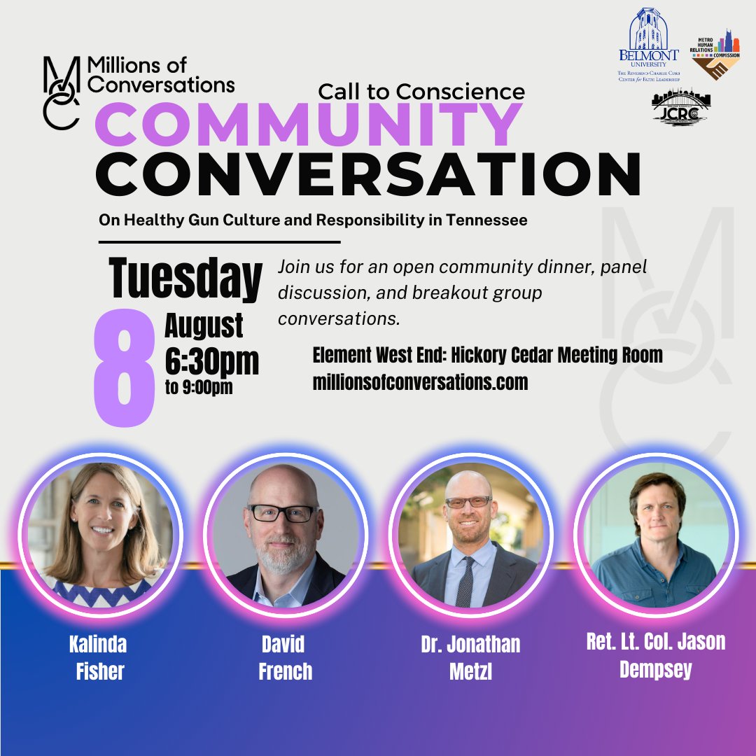 DialogueVU's tweet photo. Nashville friends: You're invited to join @AMillionConvos this evening, Aug. 8, 6:30-9 p.m. for an open community dinner and conversation on healthy gun culture and responsibility. See the attached flyer for more details. #CallToConscience #PublicSafety #MoC https://t.co/vAC4THpUp8