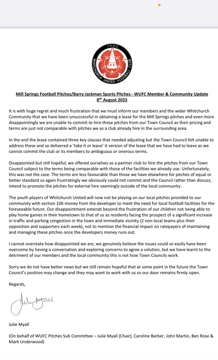 Mill Springs Football Pitches.  WUFC Member &amp; Community Update 

Does your Town Council work for the community best interests