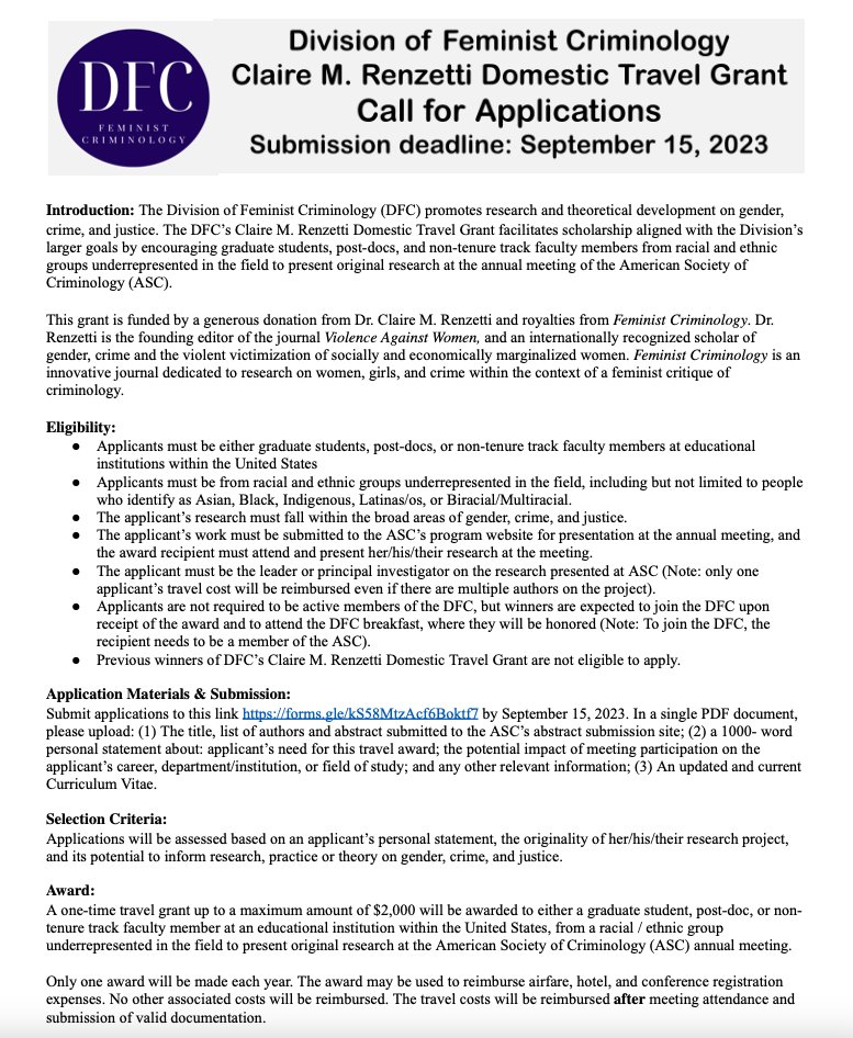 ASCFemCrim's tweet photo. DFC's Claire M. Renzetti Travel Grant funds travel to ASC for underrepresented scholars to present original research. Deadline is 9/15! https://t.co/elL8KTdR1K