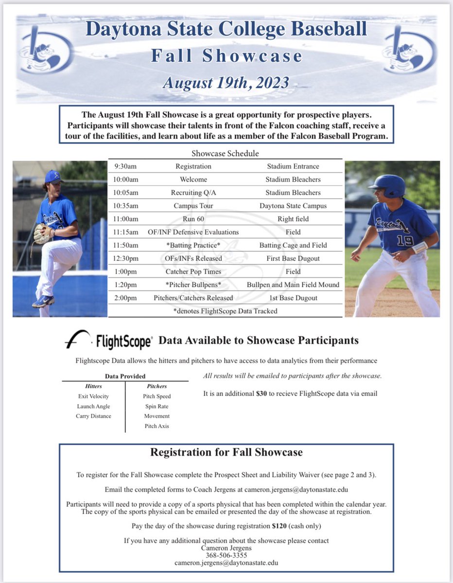 Daytona State College Baseball
August 19th showcase. 

You will have the opportunity to see all of our facilities and showcase your abilities in front of the entire coaching staff.

Click here to register!
dscfalcons.com/sports/bsb/202…