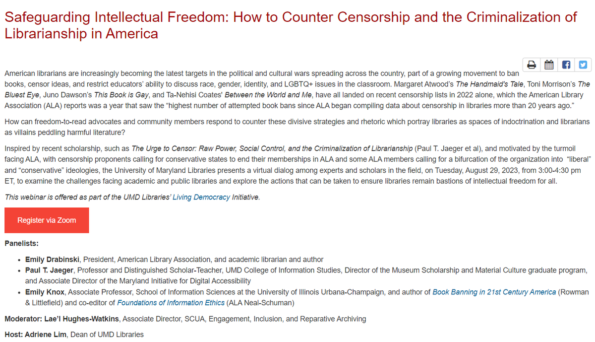Mark your calendars because on Tuesday, 8/29, at 3PM, UMD Libraries will be hosting a virtual dialogue on the growing issue of "the urge to censor" in librarianship, with panelists <a href="/edrabinski/">Emily Drabinski</a>, @ejmknox, &amp; Paul T. Jaeger! 

Registration &amp; info is at the link in our bio!