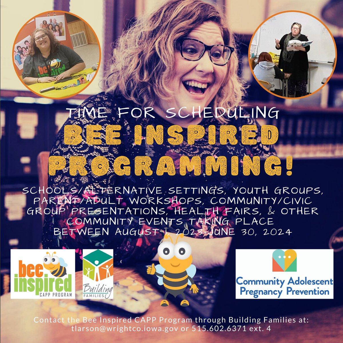 BeeInspiredCAPP's tweet photo. Our Busy 🐝 Lady/Program Coord is EXCITED for 2023-2024 programming in Franklin, Hamilton, Humboldt, &amp; Wright Counties! Mission➡️ #empower ALL youth to make healthy informed decisions through #education, #prevention, community #awareness, &amp; #connections to resources. {1/2} https://t.co/DWeeDpXDNR