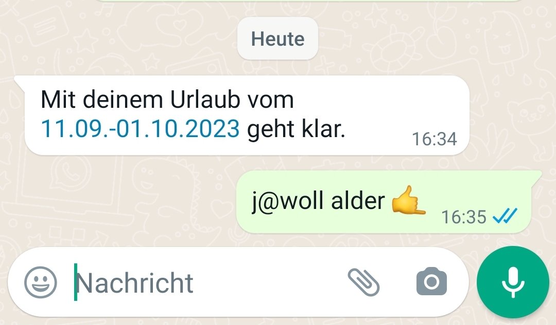 drei wochen urlaub zwei wochen arbeiten drei wochen urlaub.

wers am schwersten hat sollte klar sein.