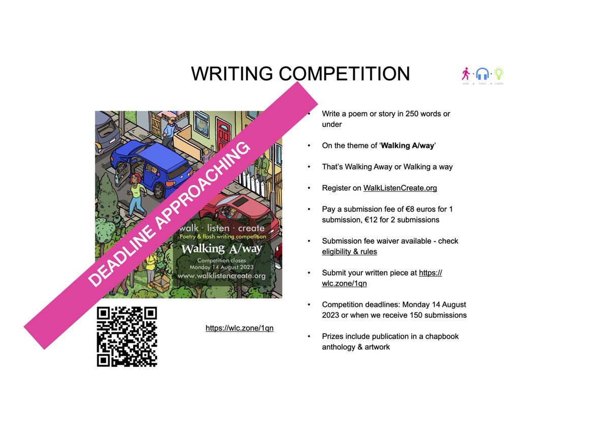 #DEADLINE within 7 days! Write about Walking A/way in 250 words or under #WritingCommunity #walking #flashfiction walklistencreate.org/competition/wr… Please submit a #poem or #story and RT - thank you!
