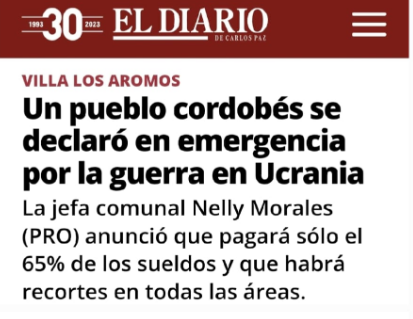 TraductorTeAma's tweet photo. El pueblo VILLA LOS AROMOS se declaró en emergencia económica por la guerra en Ucrania.

La jefa comunal del PRO anunció que pagará sólo el 65% de los sueldos y habrá recortes debido a la guerra entre Rusia y Ucrania y el endeudamiento del país con el FMI.
Argentina, única.