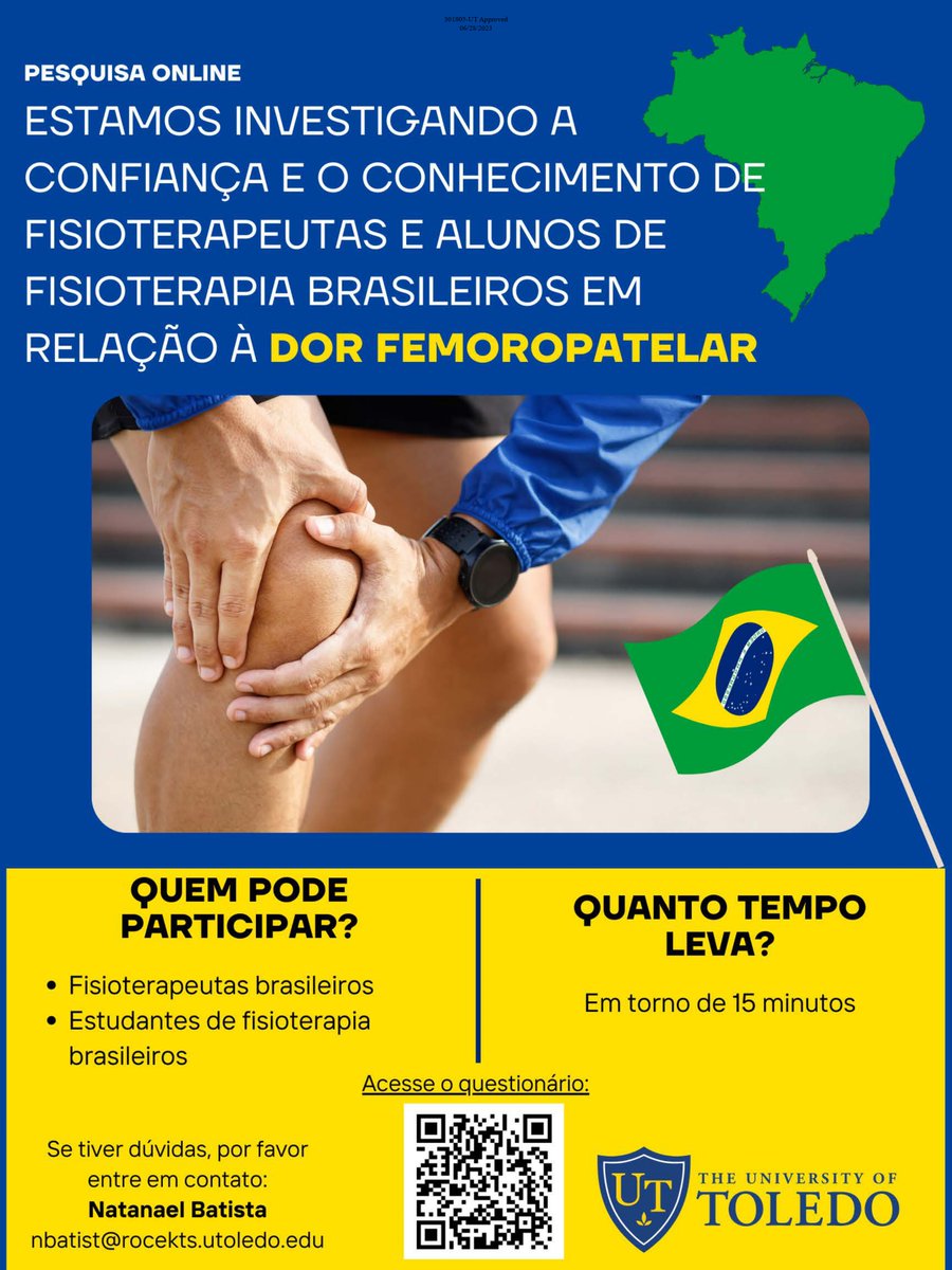 🚨Fisioterapeutas brasileiros e estudantes de fisioterapia:
Participe do nosso estudo, que investiga a confiança e o conhecimento sobre dor femoropatelar (DFP).🦵
15 minutos
Clique no link para pesquisa: toledouw.iad1.qualtrics.com/jfe/form/SV_cG…