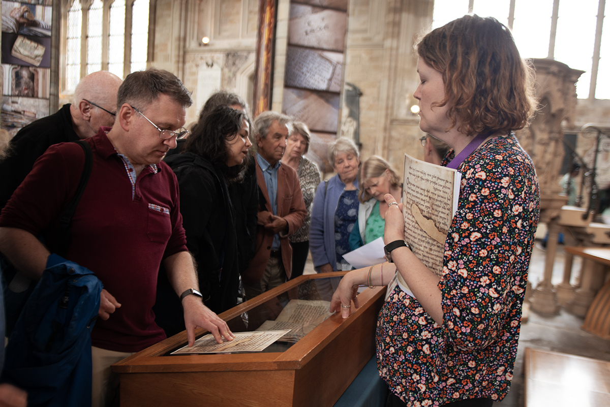 ExeterCathedral's tweet photo. Yesterday the Cathedral Library & Archives brought the #ExeterBook of Anglo-Saxon poetry out into the Cathedral Nave for visitors to look at, learn about, and ask questions about it. Fun Anglo-Saxon themed activity sheets were also available for children to enjoy. https://t.co/F6tjmPFSln
