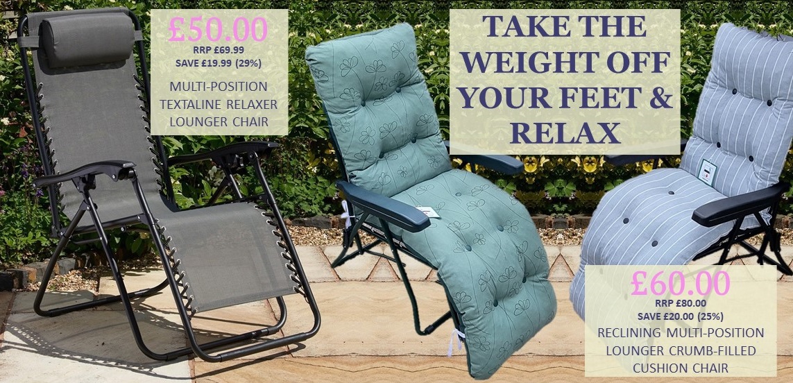 TheGardenFactor's tweet photo. Take the weight off your feet and relax with our multi-position relaxers. Ideal for lounging in the garden with a glass of your favourite tipple. #relaxing #gardening #gardens  https://t.co/2GczzirW4s https://t.co/vCqCgPme24