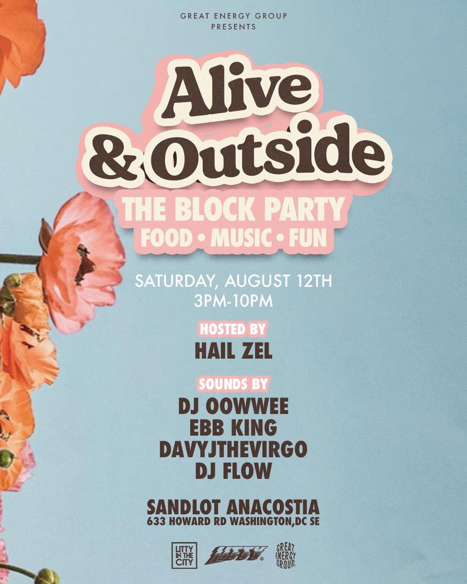 Join us this Saturday at Sandlot Anacostia for Alive &amp; Outside 3PM - 10PM! 

Get ready to dance, laugh, and celebrate the summer with a Great Energy Group Block Party!

RT with a 🤸🏽 if you're coming!