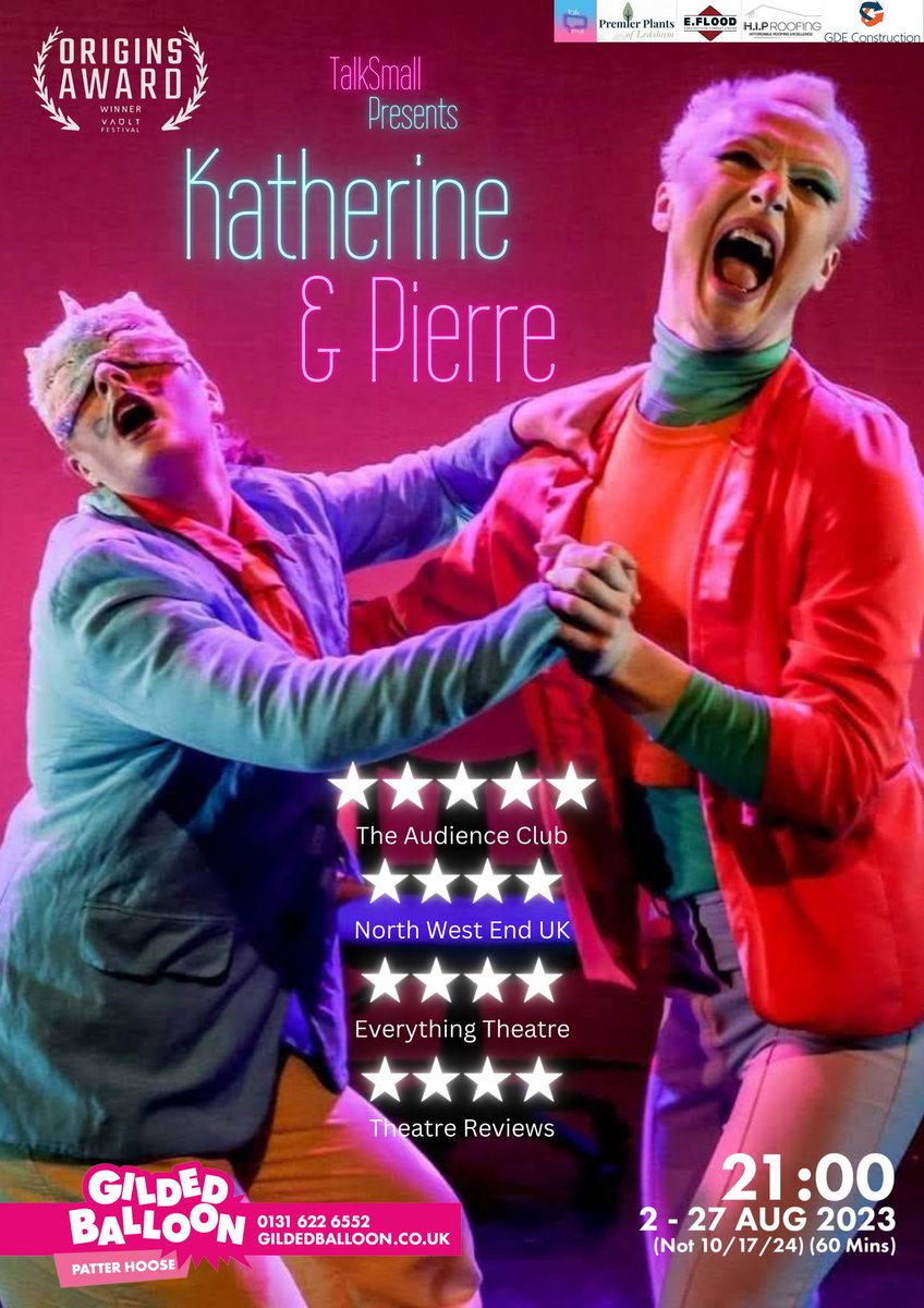 Any reviewers looking for something super fun, campy, and queer to watch this #edfringe? We would love to have you come down to see KATHERINE &amp; PIERRE at the PatterHoose <a href="/Gildedballoon/">Gilded Balloon</a> every night (bar Thursdays) at 21:00.
🎟️ Tickets and information below!
tickets.gildedballoon.co.uk/event/14:4581/