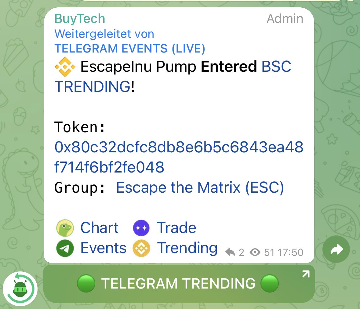 EscapeInu's tweet photo. We are trending!
Buy competition still on!
Don't miss it!
TG: https://t.co/hb5UQ59WY9
🔘 Liquidity locked 
🔘 Verified contract source
🔘 Ownership renounced
🔘 Based DEV and Team 

#BSC #bnb #Binance #trending #PancakeSwap #pepe #pauly0x #buycomp #shi #shiba #floki https://t.co/EMFIdRTnQU