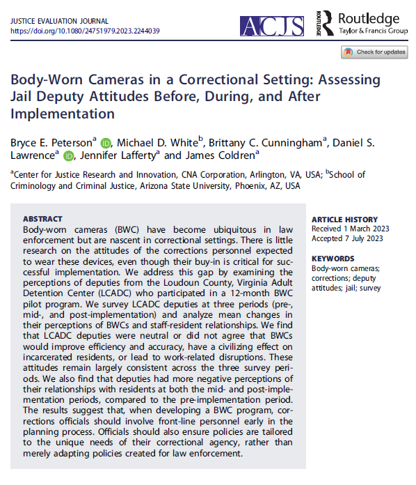 Dan_S_Lawrence's tweet photo. New study examines the impact that body-worn cameras have on attitudes from correctional jail deputies at three points in time during a year-long study. 

Quick thread on the study with a link at the end to 50 free downloads. https://t.co/iYjp5HiWZs