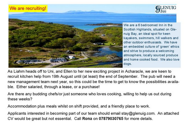 Opportunites at Glenuig Inn! Please share and flag to any potential candidates!
