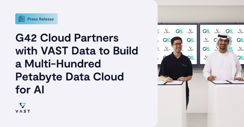 VAST_Data's tweet photo. VAST Data and @CloudG42 have formed a strategic partnership to revolutionize data-intensive #AI computing. 

G42 Cloud chose to partner with VAST Data due to the VAST Data Platform’s:

🚀 Simplicity
🚀 Scalability
🚀 Resilience
🚀 Overall Cost of Ownership Benefits