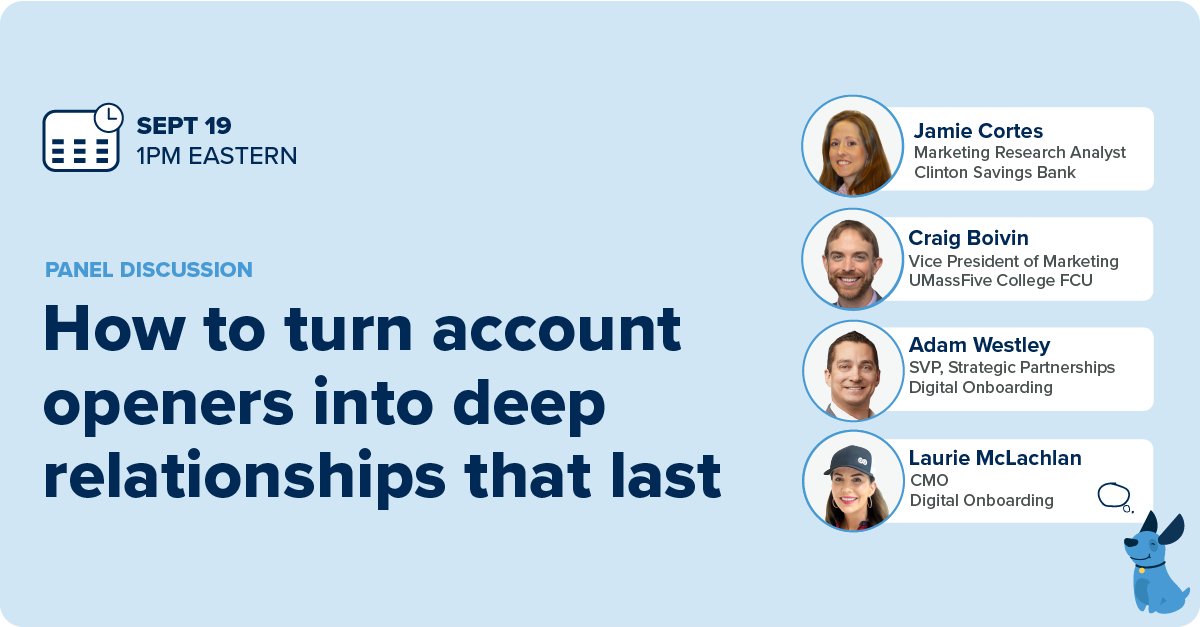 Join us 9/19 at 1 PM Eastern for a conversation with <a href="/umassfive/">UMassFive</a>, <a href="/ClintonSavings/">Clinton Savings Bank</a> &amp; us!  See a quick platform demo &amp; learn how to deepen relationships from a distance. Register here &amp; pass it on! digitalonboarding.zoom.us/webinar/regist…

#fintech #Banking #finserv