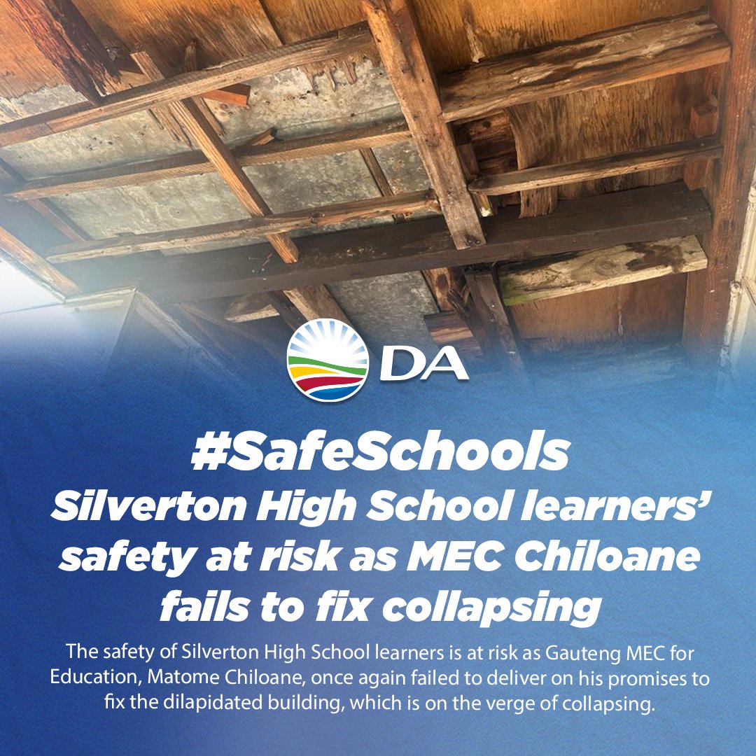 DA_GPL's tweet photo. π«π§ #UnsafeSchoolInfrastructure. The safety of Silverton High School learners is jeopardised as MEC Chiloane fails to address the collapsing building issue. #SafeSchools #FixTheBuilding
Read more: https://t.co/r4MPudrrDC https://t.co/QOyFfLsCBn