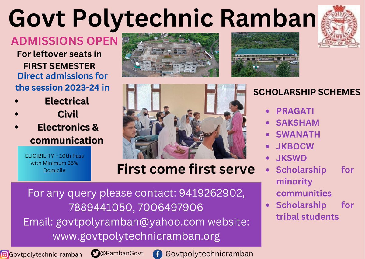 RambanGovt's tweet photo. Direct admissions are open now for leftover seats in Govt Polytechnic Ramban.
Last date 21 August
#AdmissionsOpen #govtpolytechnic https://t.co/cCYICDReJb