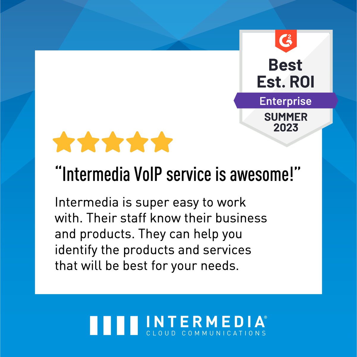 intermedia_net's tweet photo. We're thrilled to share that we've been awarded multiple badges in @G2dotcom's Summer 2023 Report! 🌟🏆 Among the recognition is the coveted "Best Est. ROI" badge, a reflection of our commitment to delivering value to our customers. #G2Badges https://t.co/iBp6MkSsrR