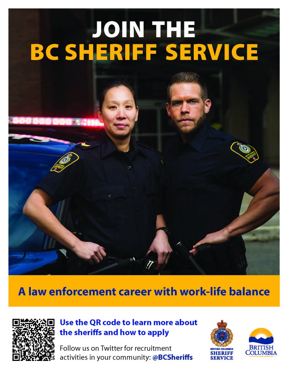BCSheriffs's tweet photo. Sheriff applications are open now! Join the BC Sheriff Service to help keep the justice system safe: https://t.co/ufBBvfLwTX @BCGovtJobs @JIBC https://t.co/NHwWjGxaeT