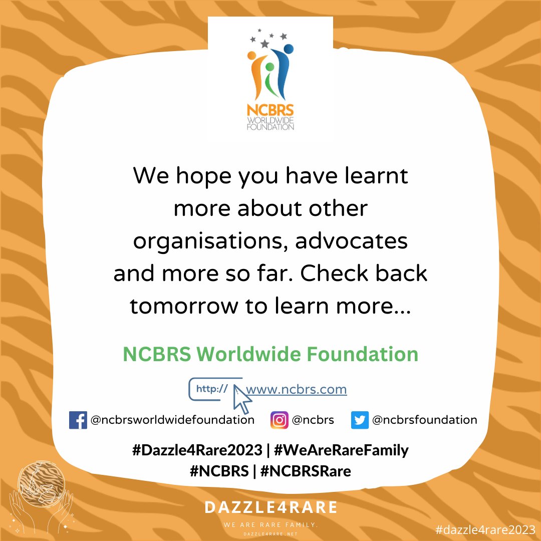 ncbrsfoundation's tweet photo. We hope you have learnt more about other organisations, advocates and more so far. Check back tomorrow to learn more...
🧡💚💙 @Dazzle4Rare #NCBRS #NCBRSRare #Dazzle4Rare2023 #RareDiseaseAwareness #PatientAdvocates #PatientGroups #WorkTogether #strongertogether https://t.co/CkaQr5yIQA