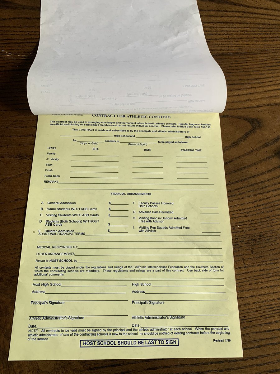 If you remember these…you’re old! 😂😂😂 all CIF contracts were sent by snail mail. Host school sent it, visiting school signed, and sent it back. THEN the host school signed, kept the white copy and sent the yellow back to the visitor. That’s how it was SUPPOSED to work. 😉